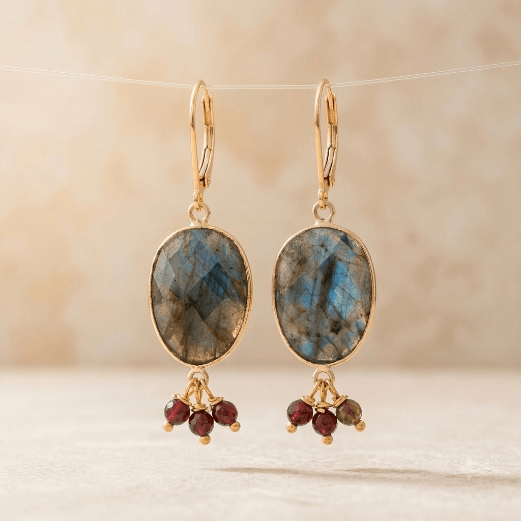 Labradorite Gold Oval Beaded Drop Earrings