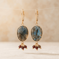 Labradorite Gold Oval Beaded Drop Earrings