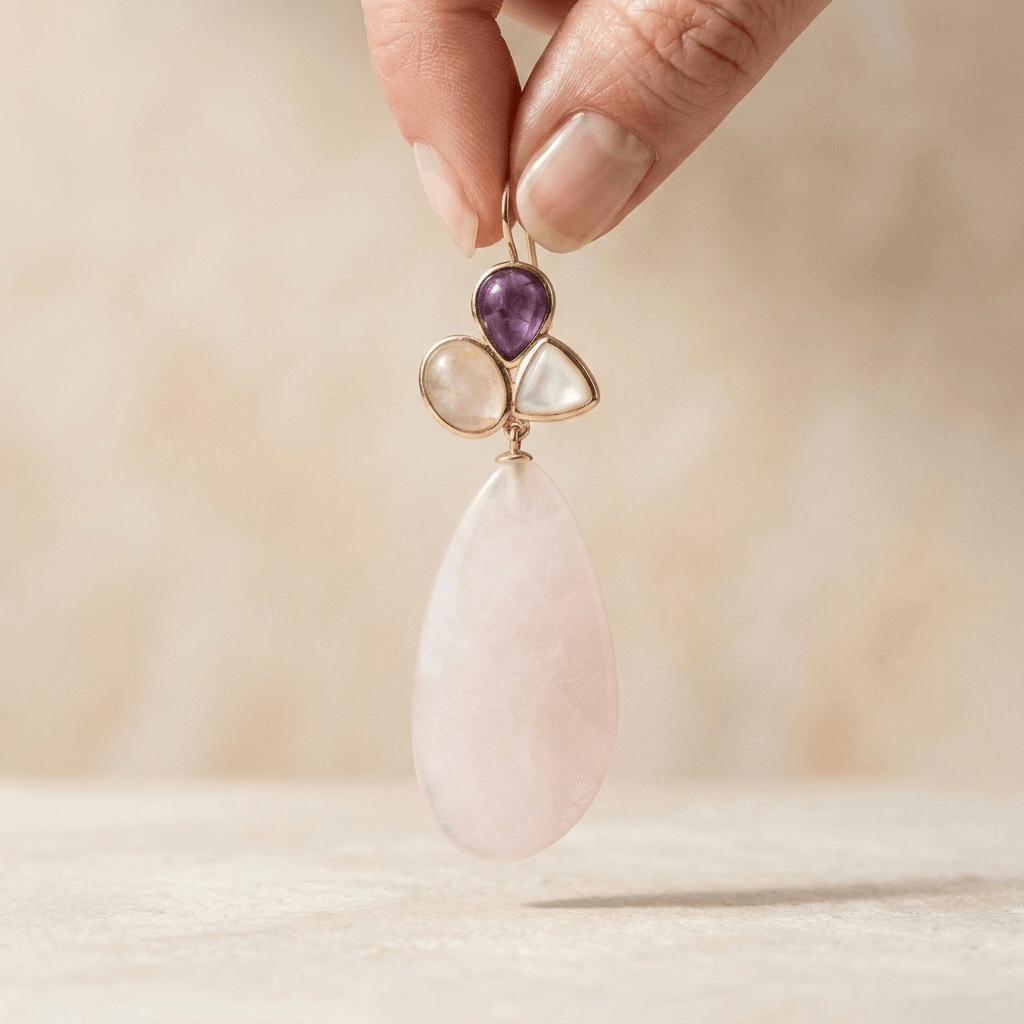 Rose Quartz Amethyst Gold Drop Earrings