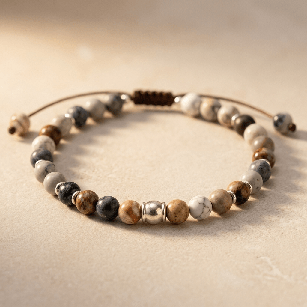 Natural Stone Silver Beaded Stretch Bracelet