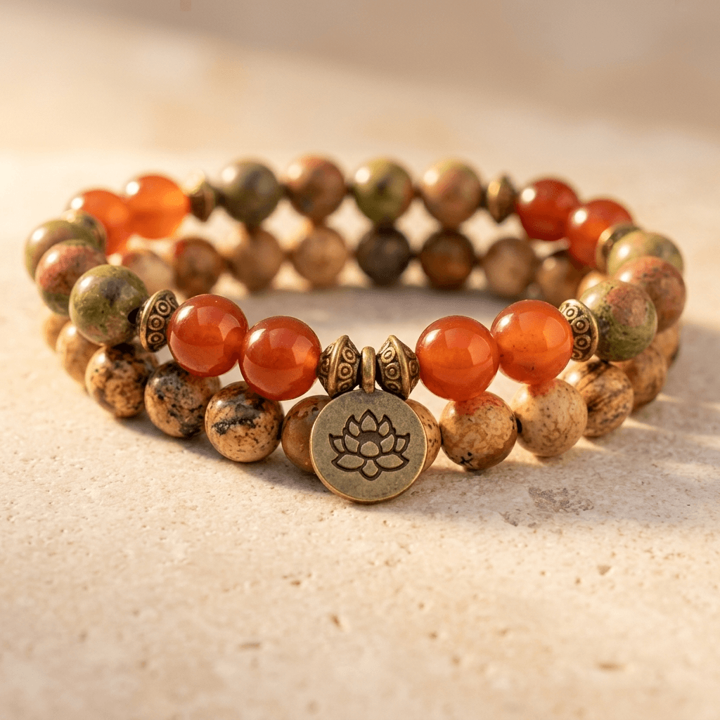 Natural Jasper Carnelian Lotus Charm Bracelet