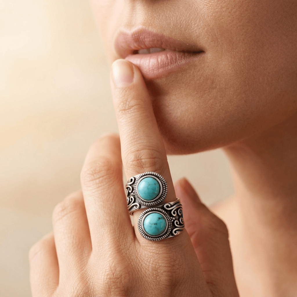 Turquoise Antique Silver Double Stone Ring