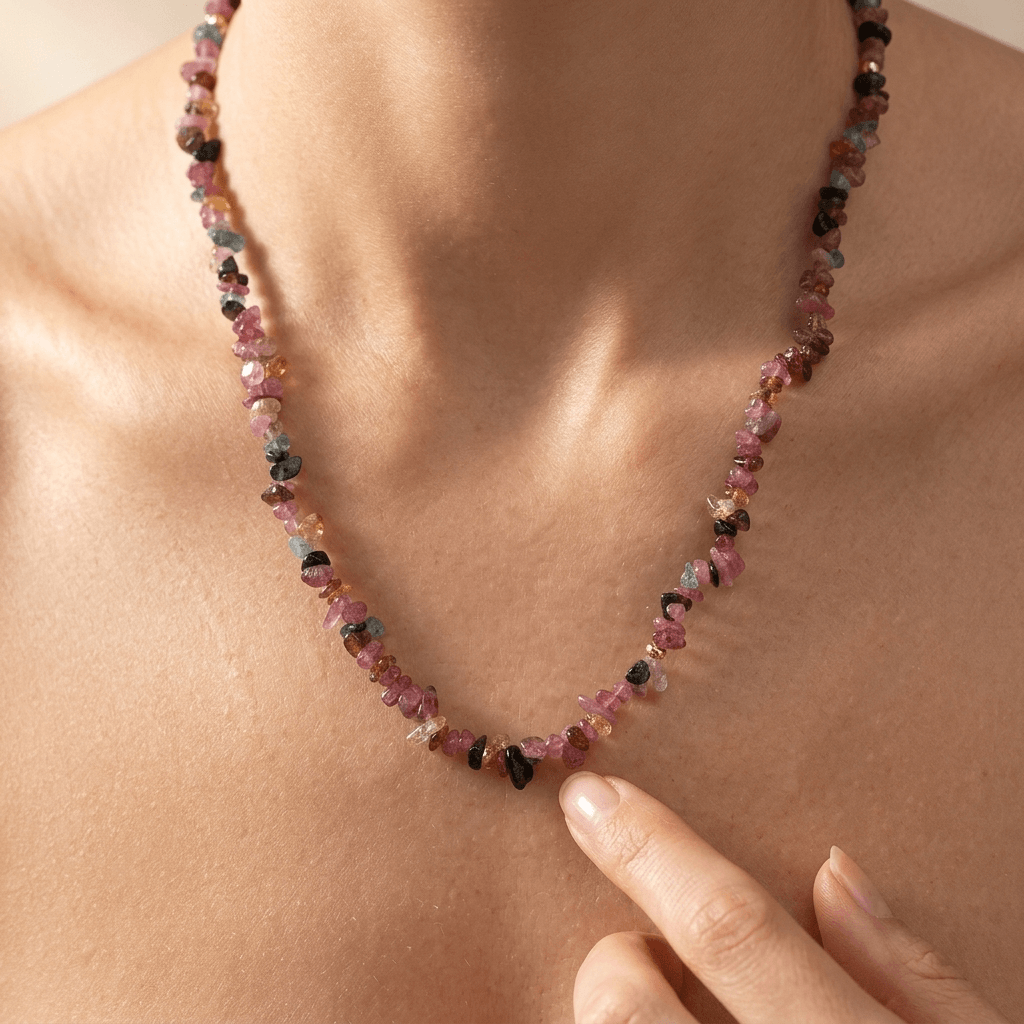 Natural Pink Tourmaline Chip Beaded Necklace