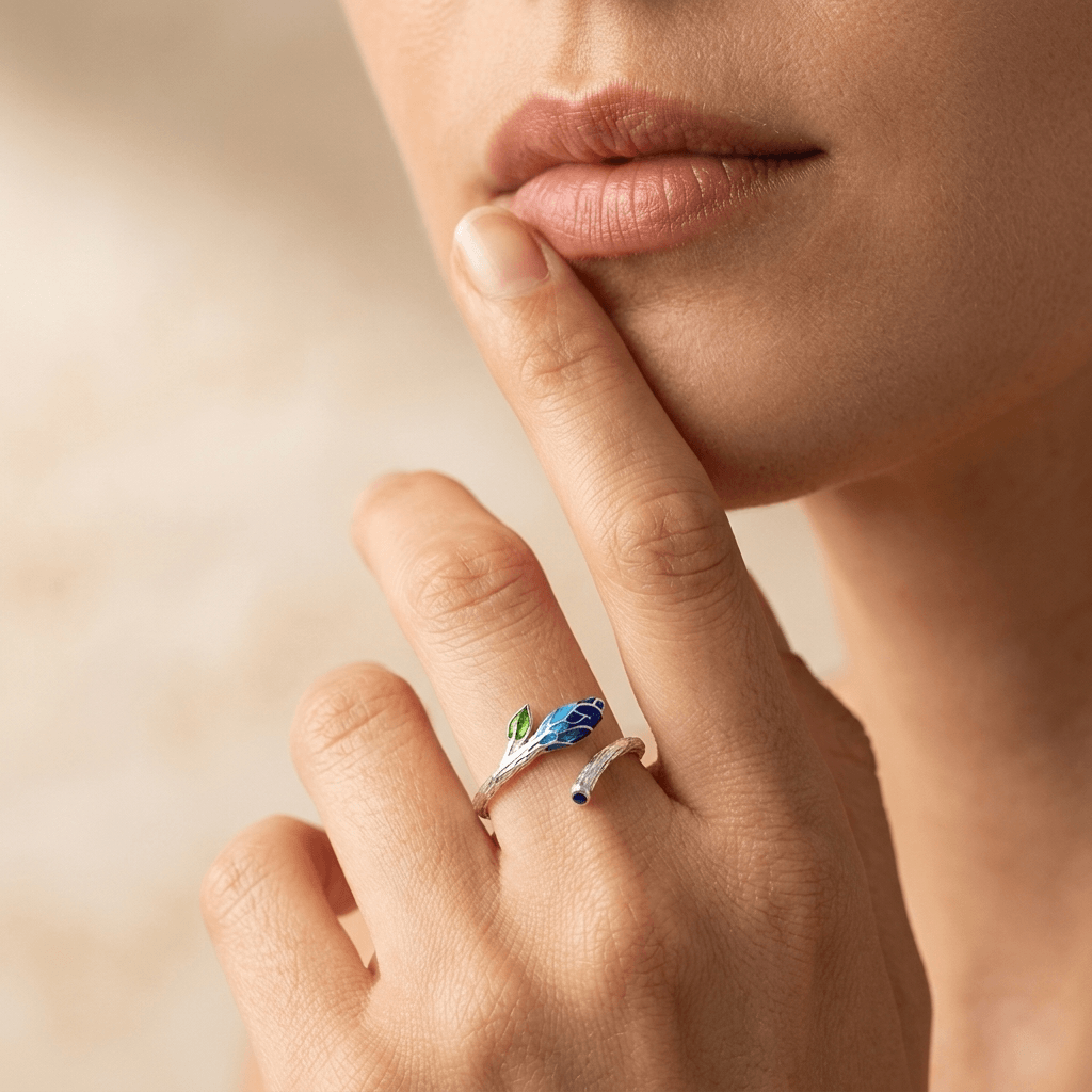 Silver Blue Flower Leaf Open Ring