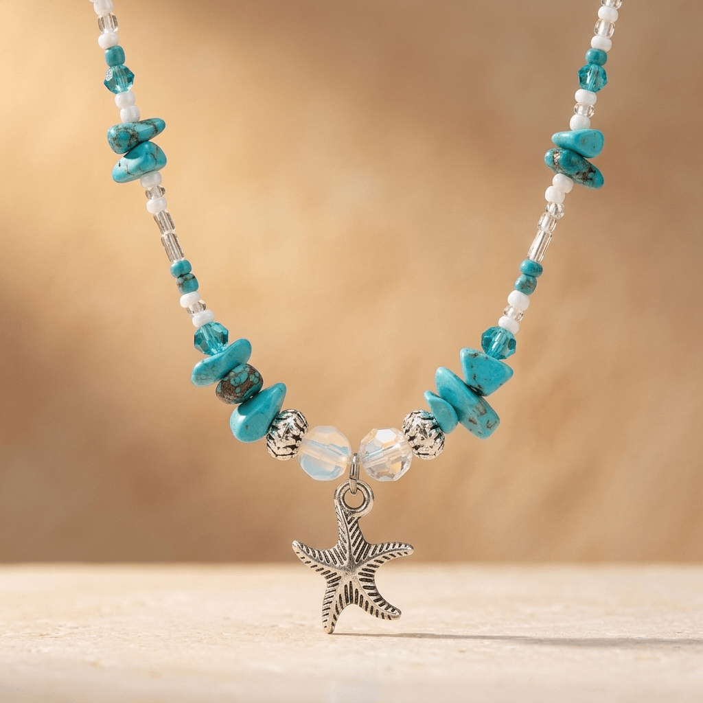 Turquoise Starfish Silver Charm Beaded Necklace