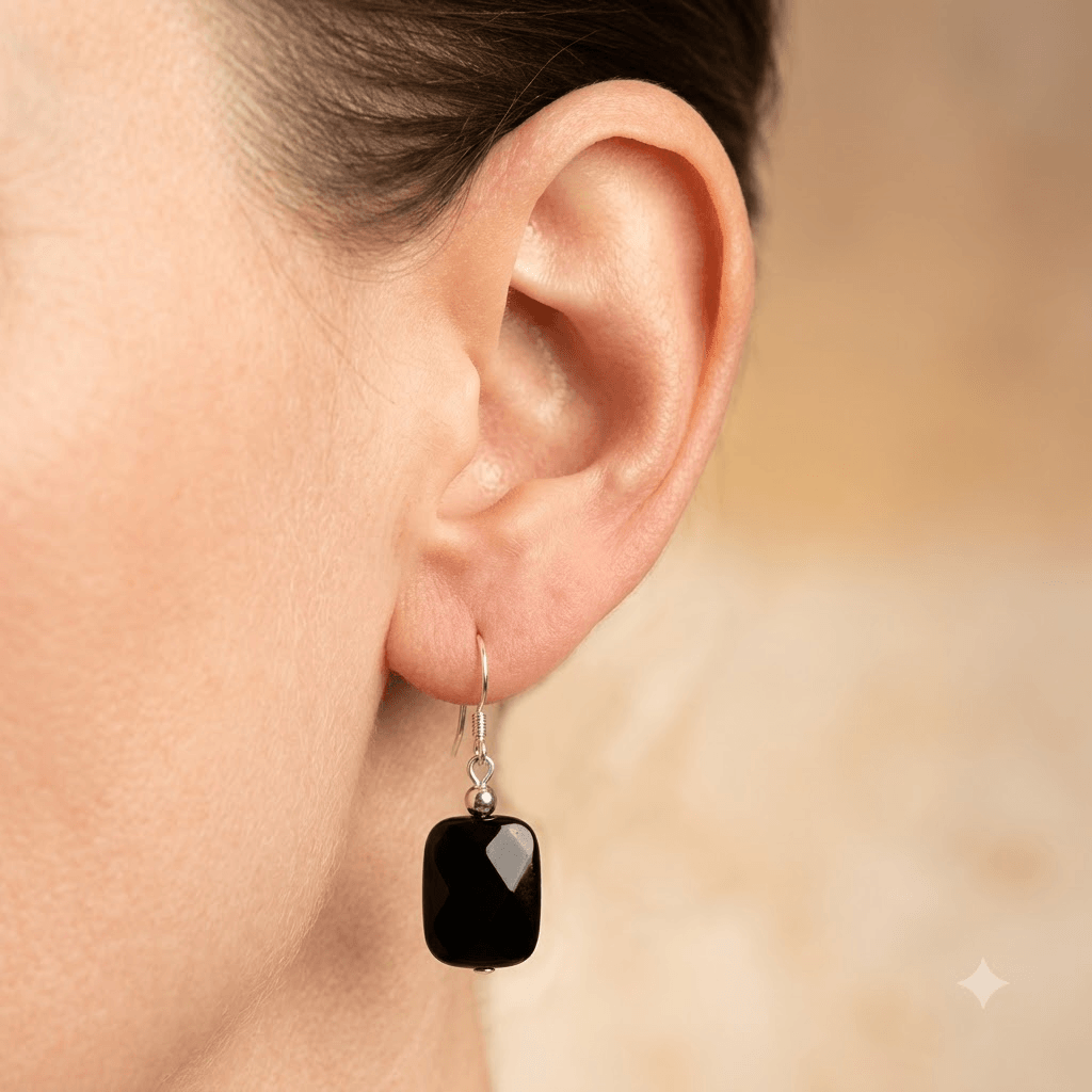 Black Onyx Faceted Square Silver Drop Earrings