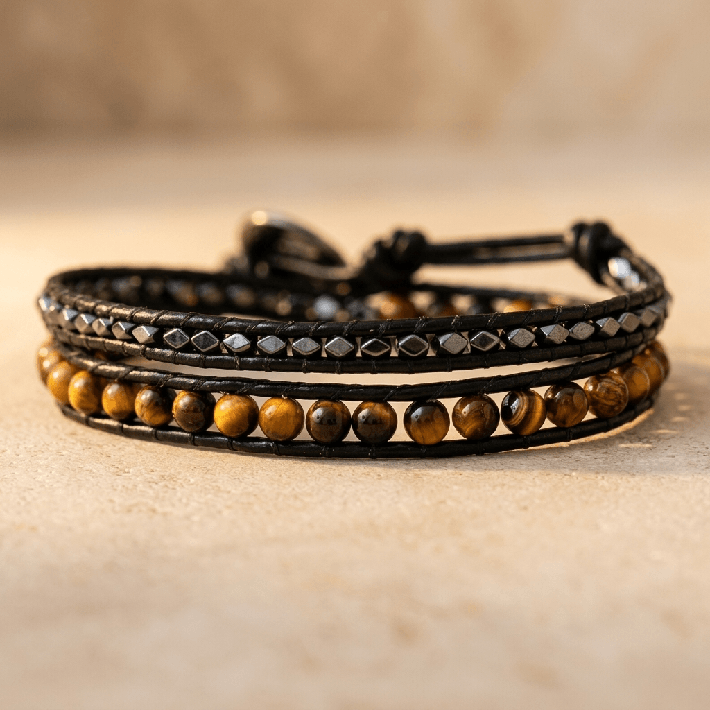 Natural Tiger Eye Black Leather Wrap Bracelet