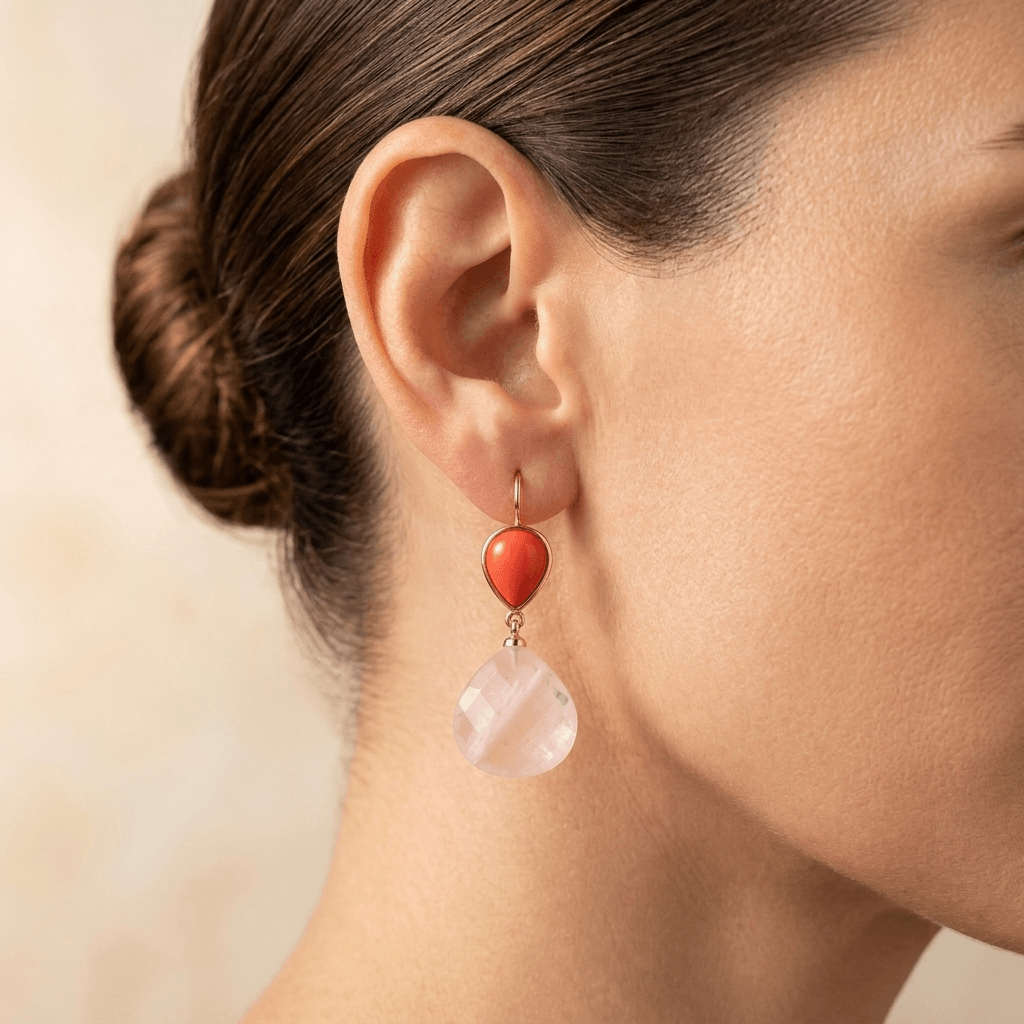 Rose Quartz Red Gemstone Rose Gold Drop Earrings