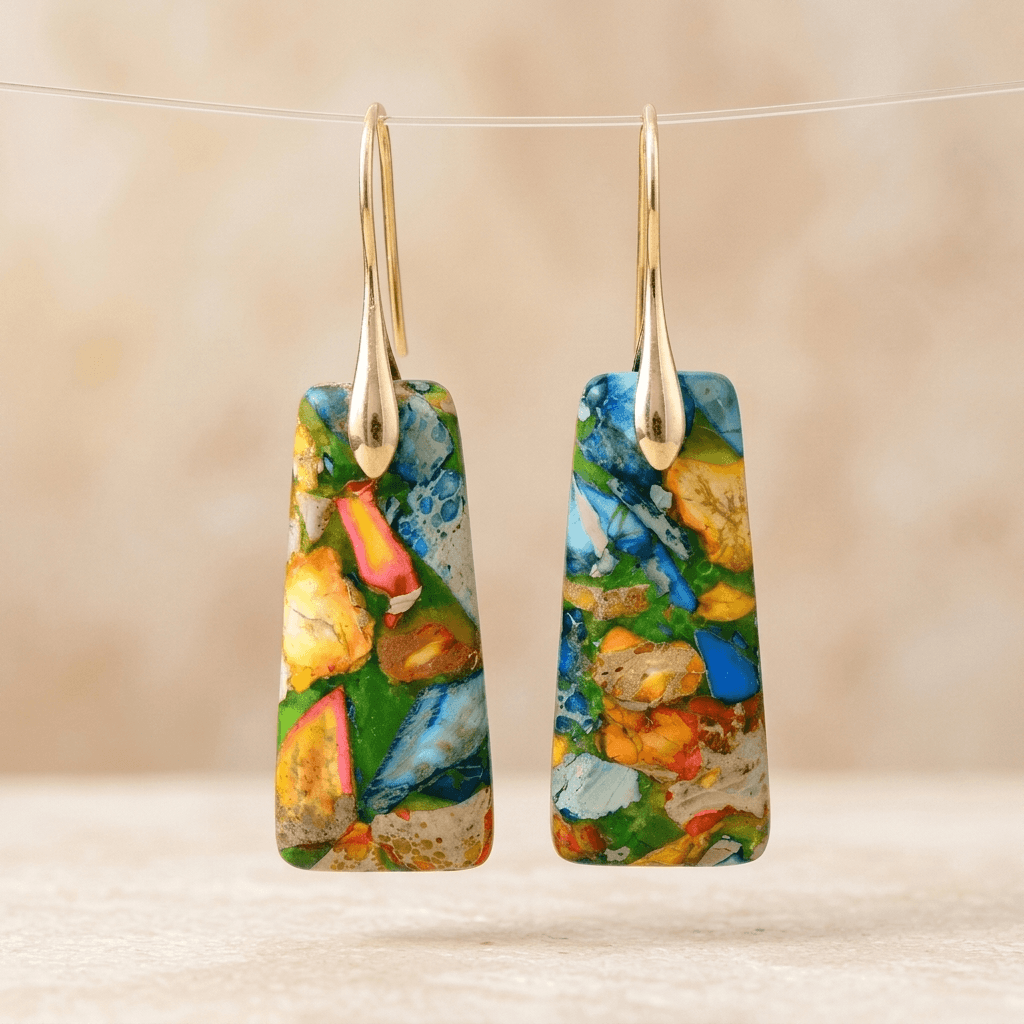 Colorful Mosaic Jasper Gold Drop Earrings