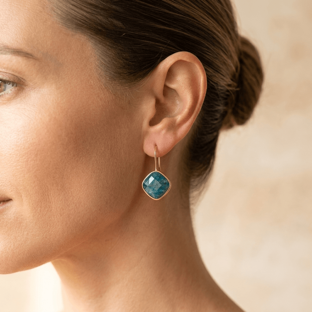 Blue Apatite Gold Cushion Drop Earrings