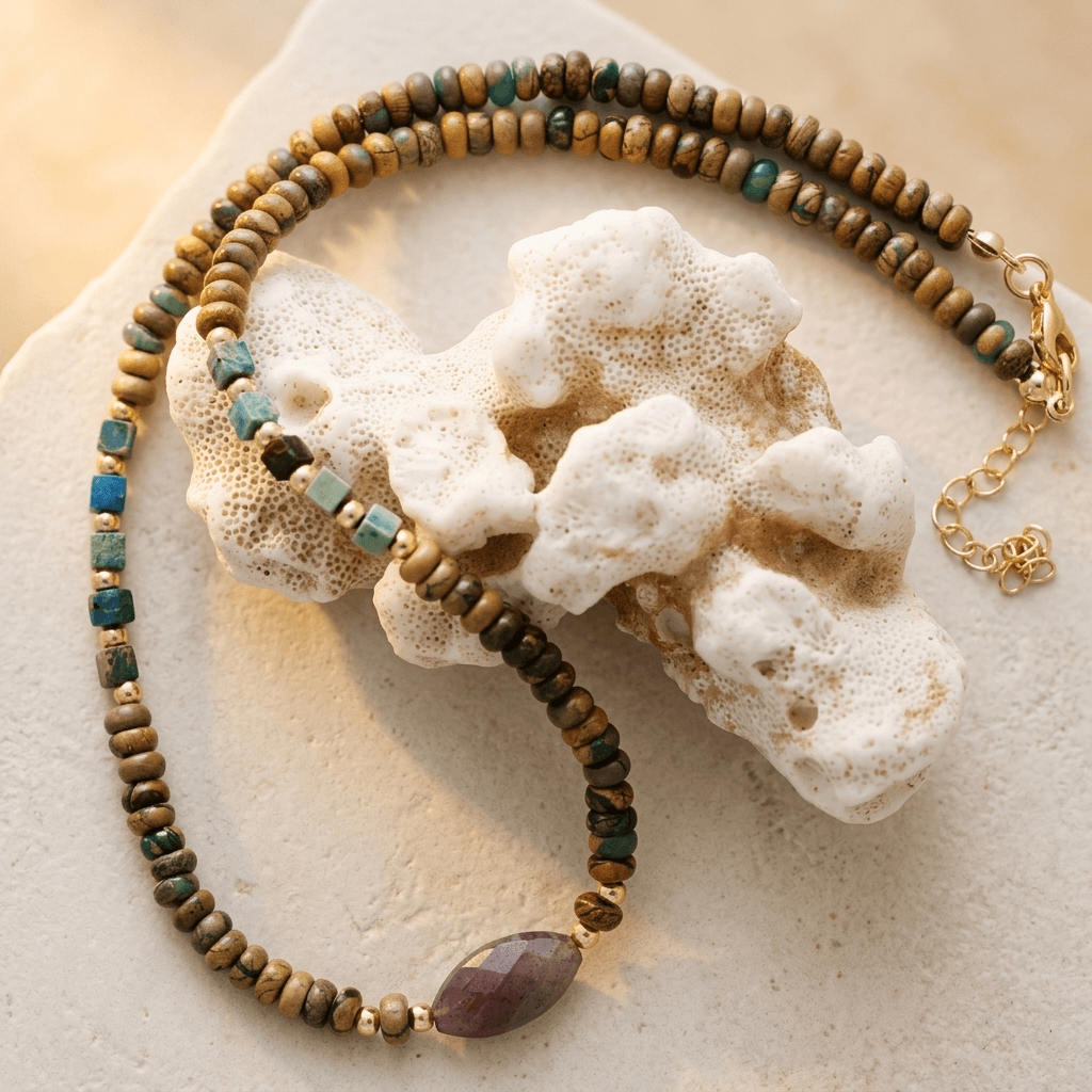 Boho Brass Wood Bead Jasper Necklace
