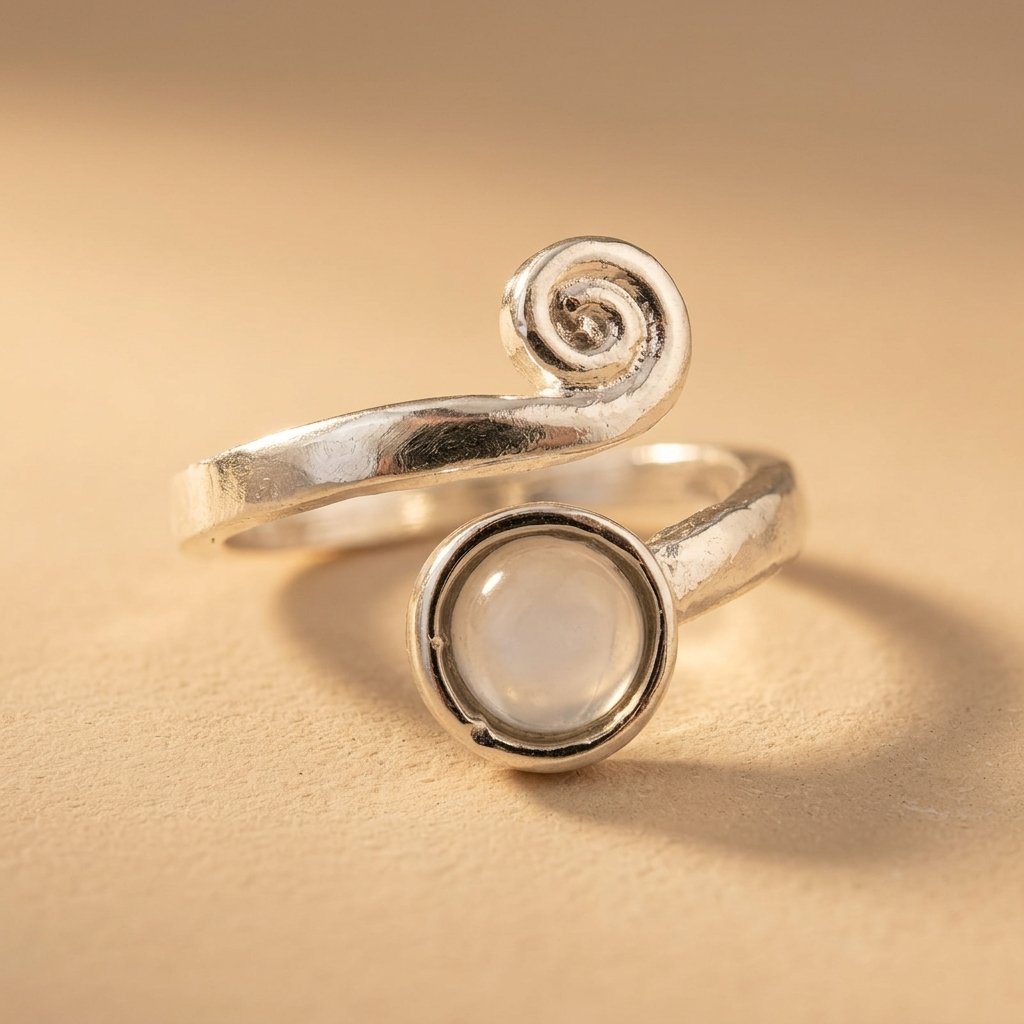 Vintage Silver Spiral Round Moonstone Ring