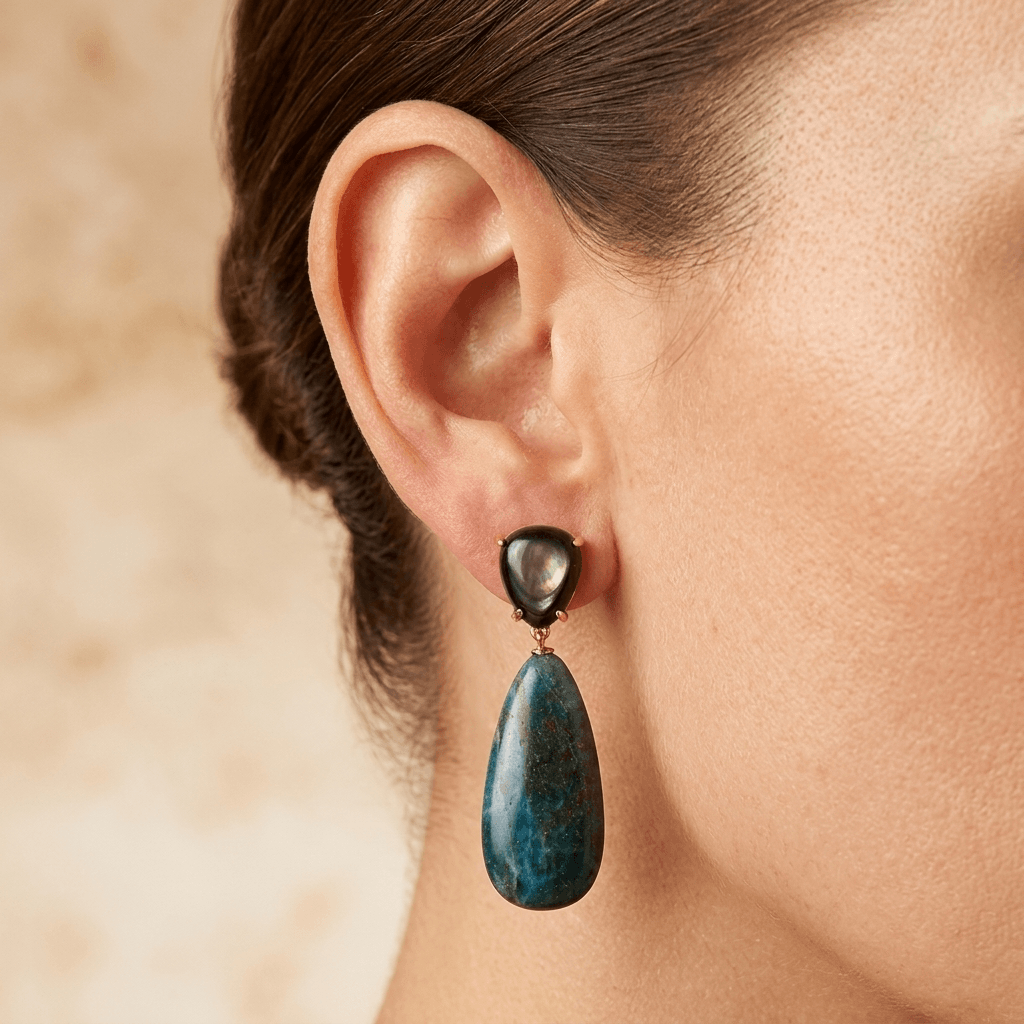 Blue Apatite Shell Pearl Gold Drop Earrings