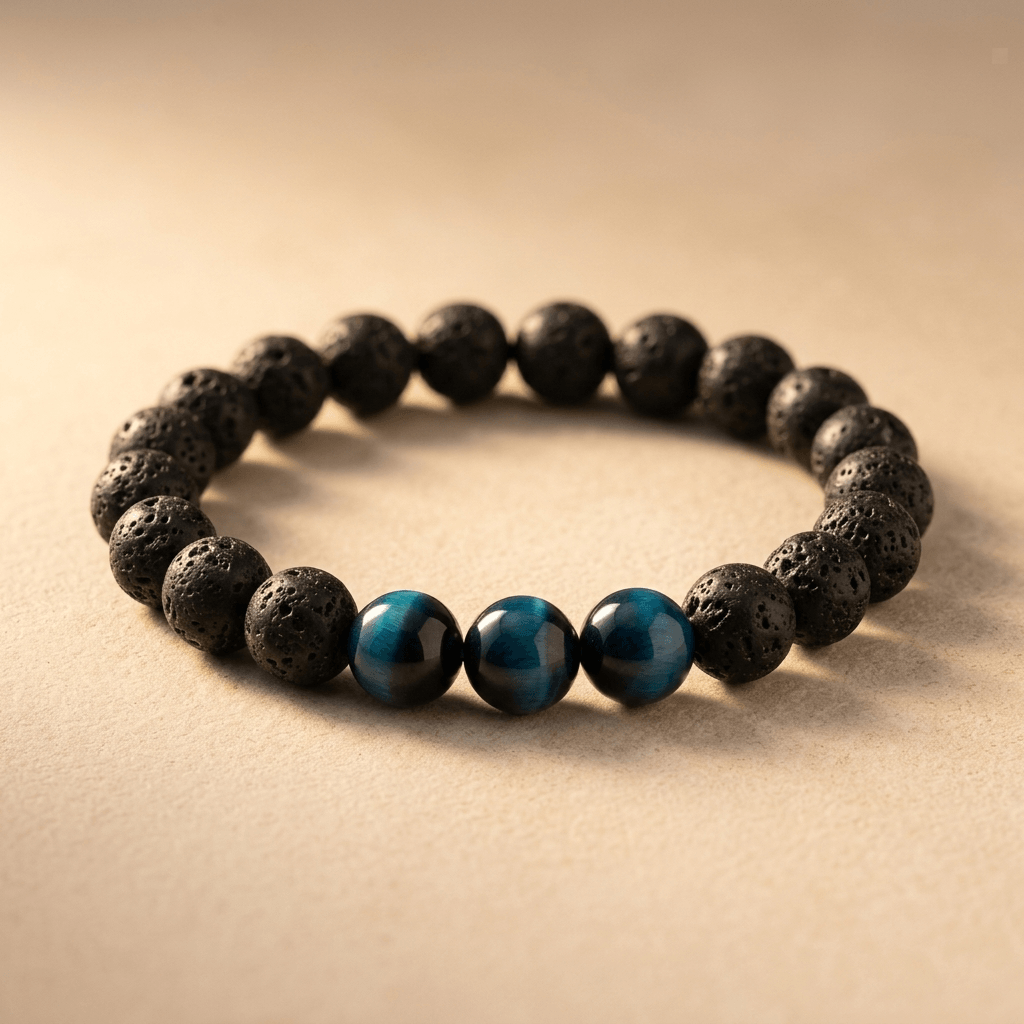 Black Lava Stone Blue Tiger Eye Beads Bracelet