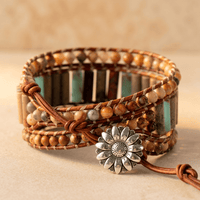 Natural Jasper Sunflower Charm Leather Wrap Bracelet