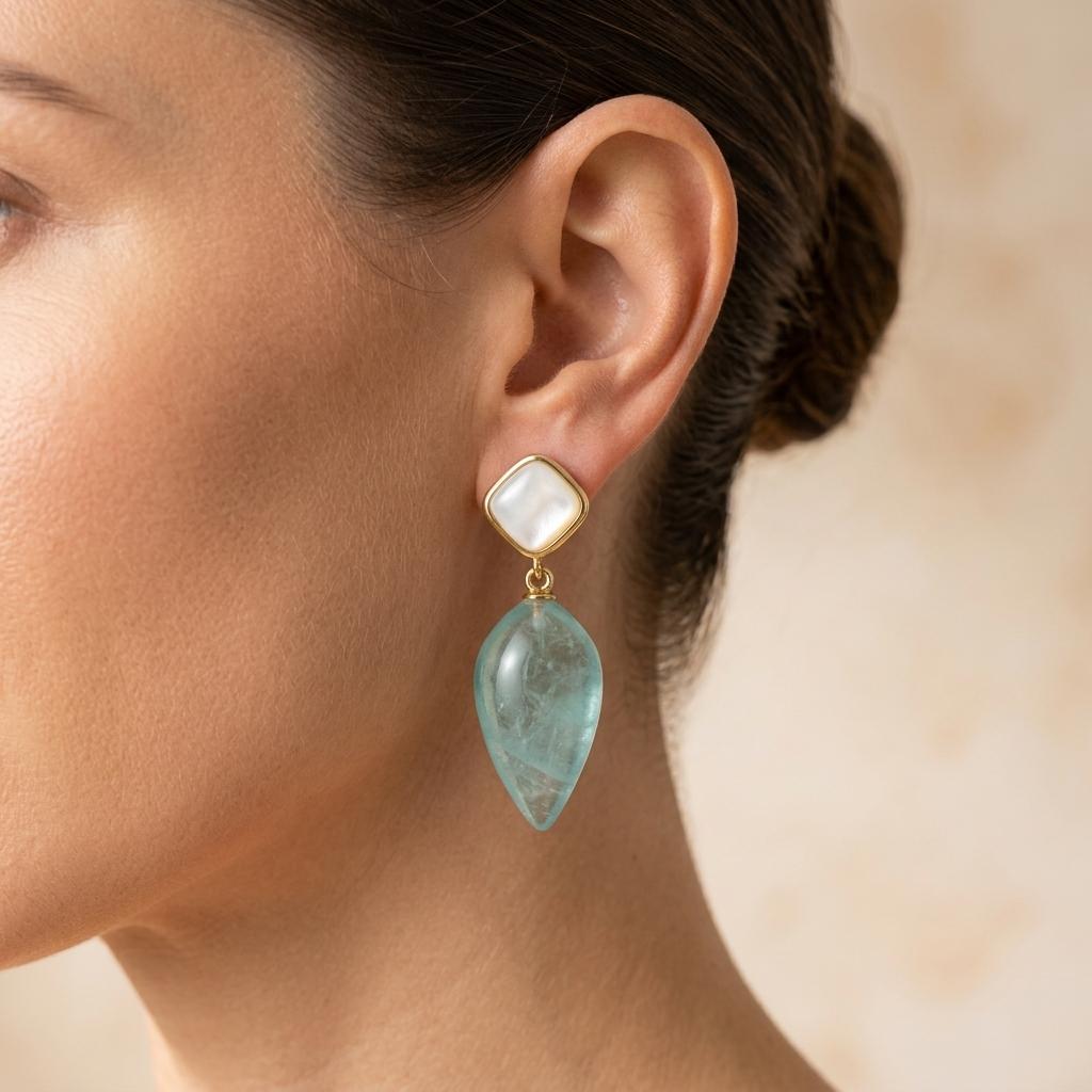 Natural Aquamarine Gold Seashell Drop Earrings