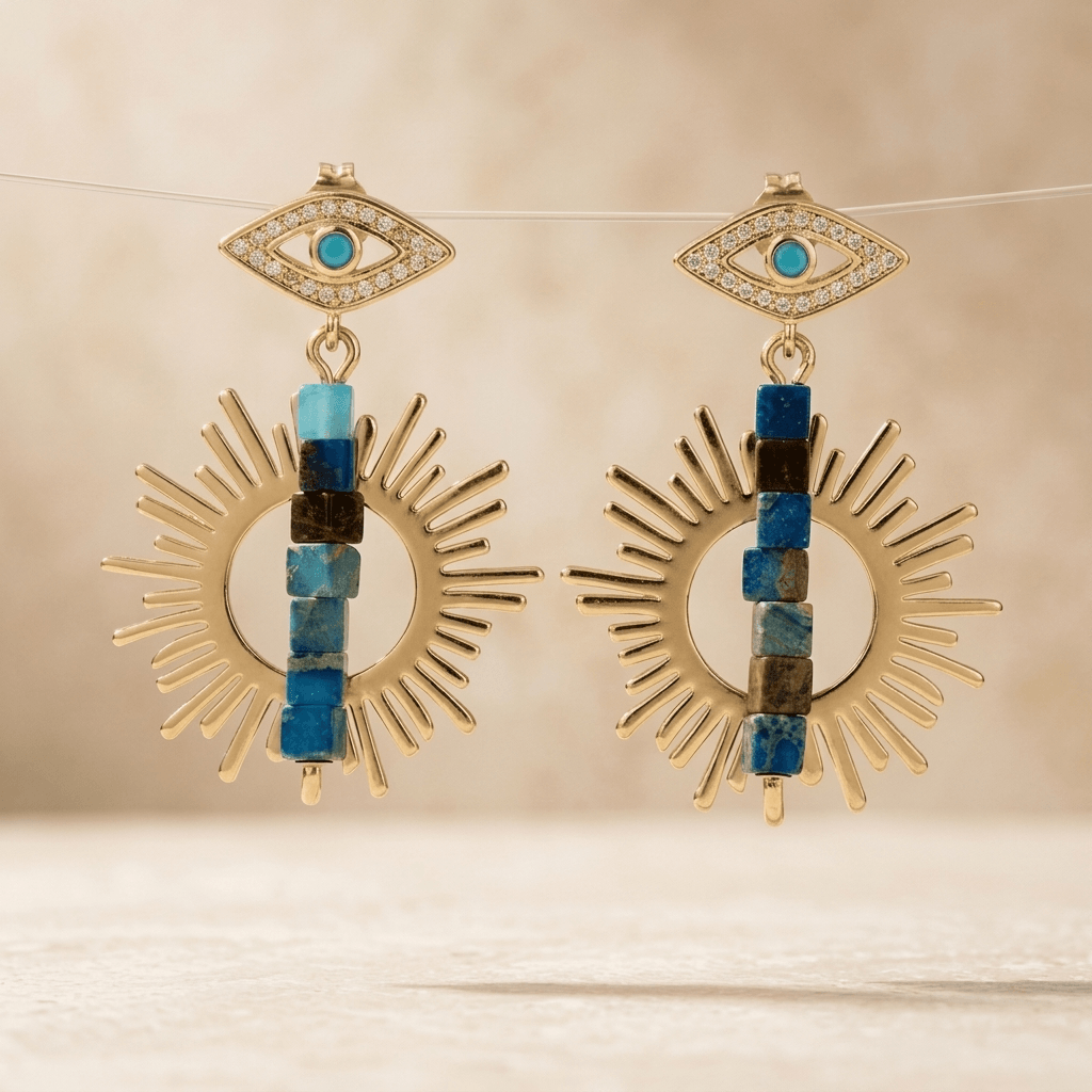 Gold Evil Eye Turquoise Sunburst Drop Earrings