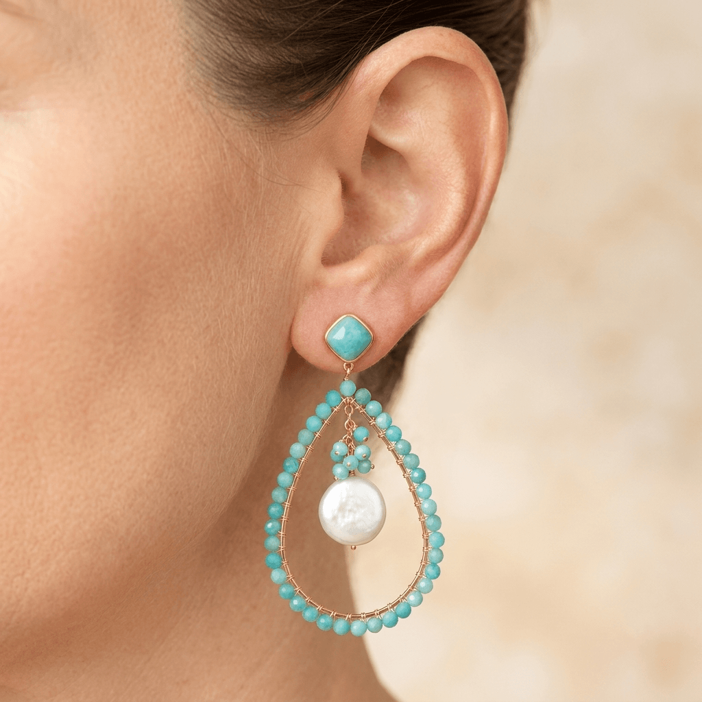 Turquoise Amazonite Gold Teardrop Pearl Earrings
