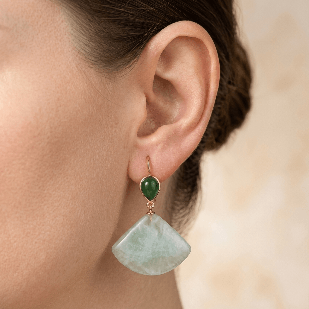 Green Jade Gold Fan Drop Earrings