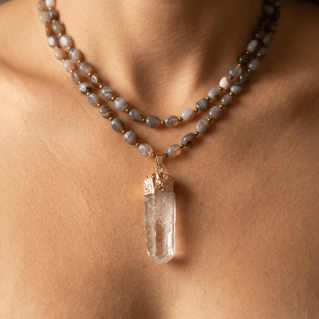 Natural Agate Gold Quartz Point Necklace
