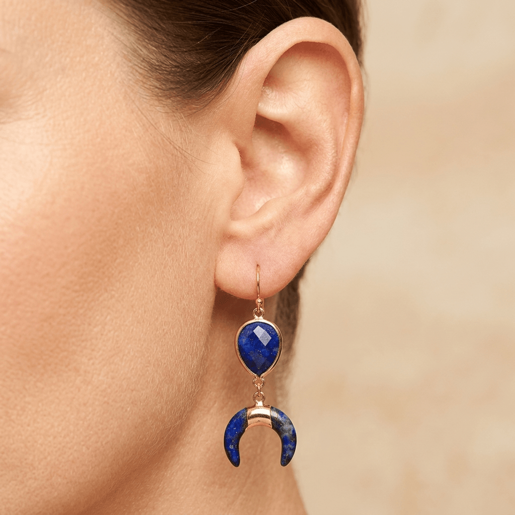 Natural Lapis Lazuli Gold Crescent Horn Earrings
