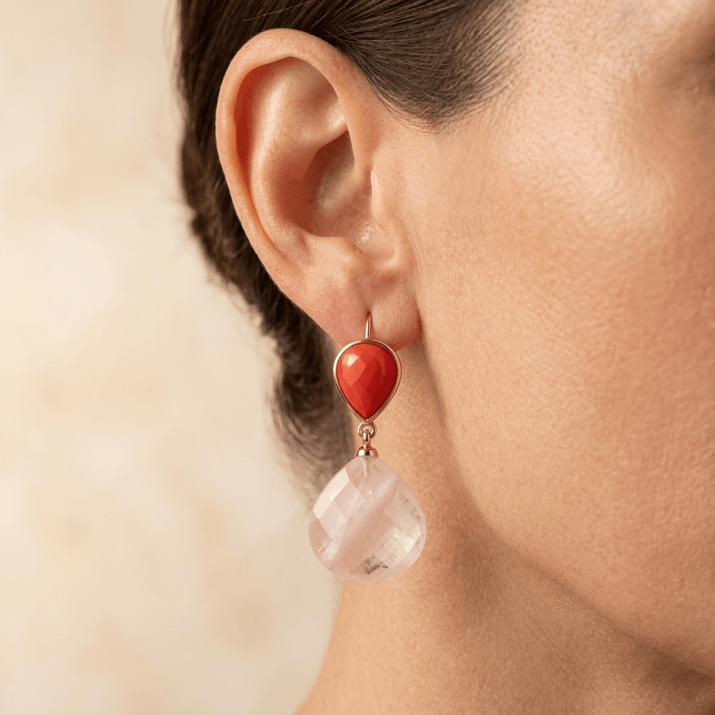 Rose Quartz Red Gemstone Rose Gold Drop Earrings