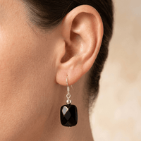 Black Onyx Faceted Square Silver Drop Earrings