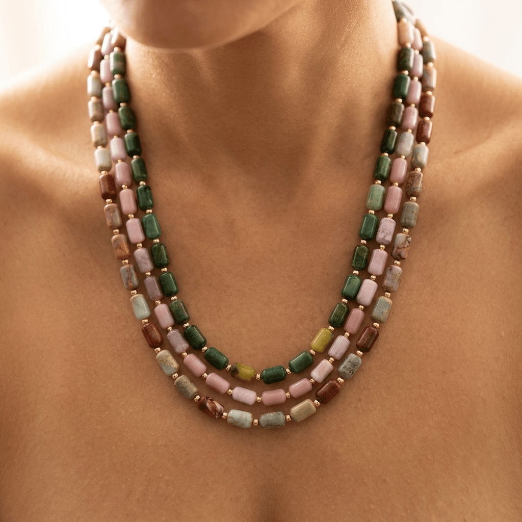 Multi Gemstone Barrel Beads Gold Layered Necklace