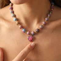 Boho Gold Pink Purple Stone Heart Necklace