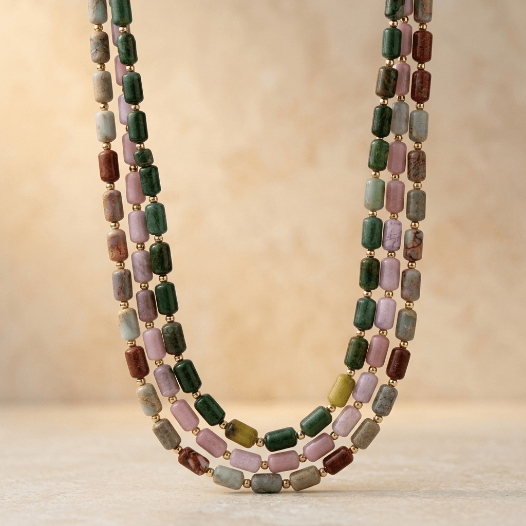 Multi Gemstone Barrel Beads Gold Layered Necklace