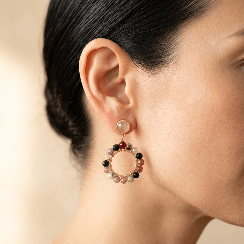 Multicolor Tourmaline Gold Beaded Circle Earrings