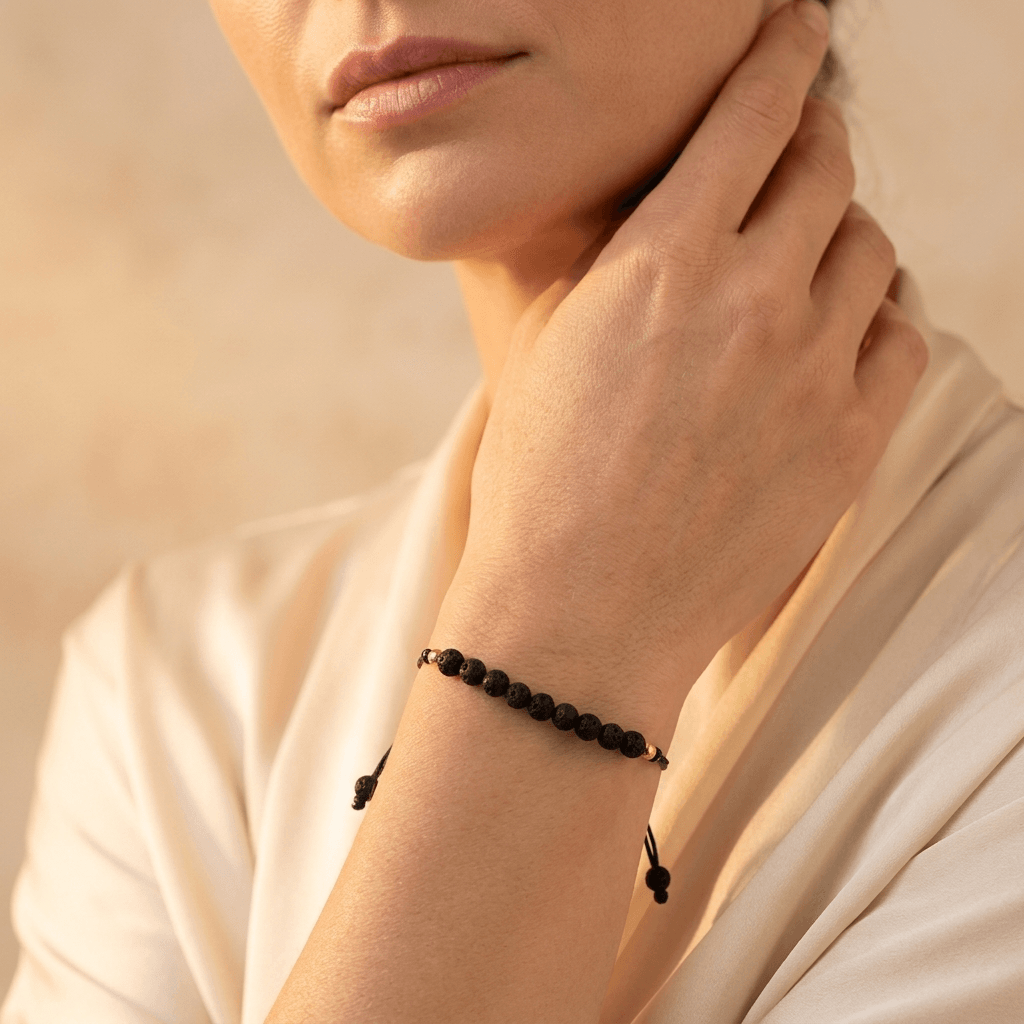 Black Lava Stone Gold Beaded Bracelet