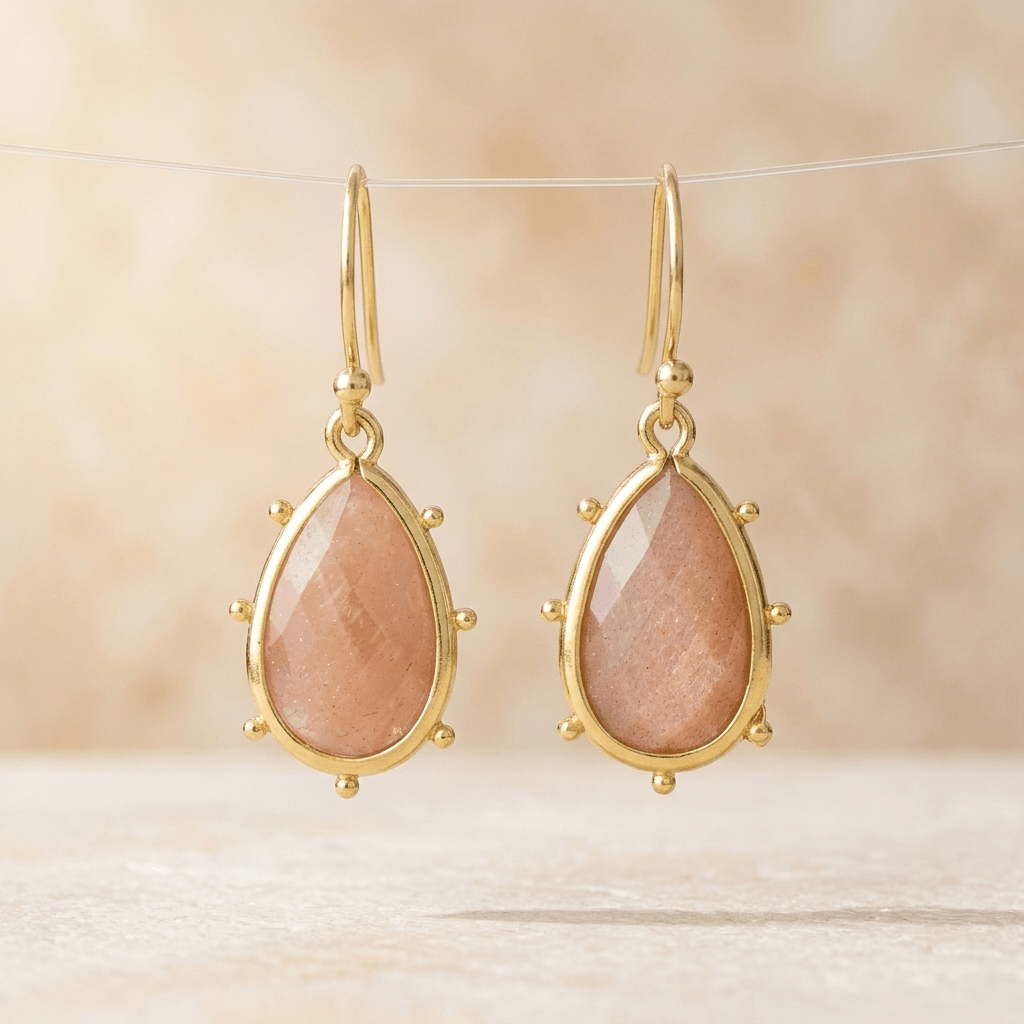 Natural Sunstone Gold Teardrop Earrings