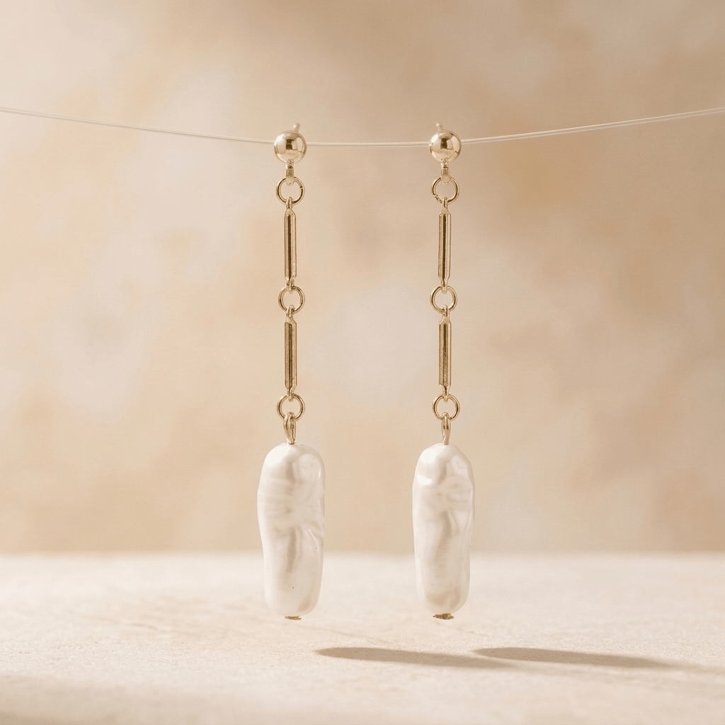 Gold Freshwater Pearl Long Drop Earrings