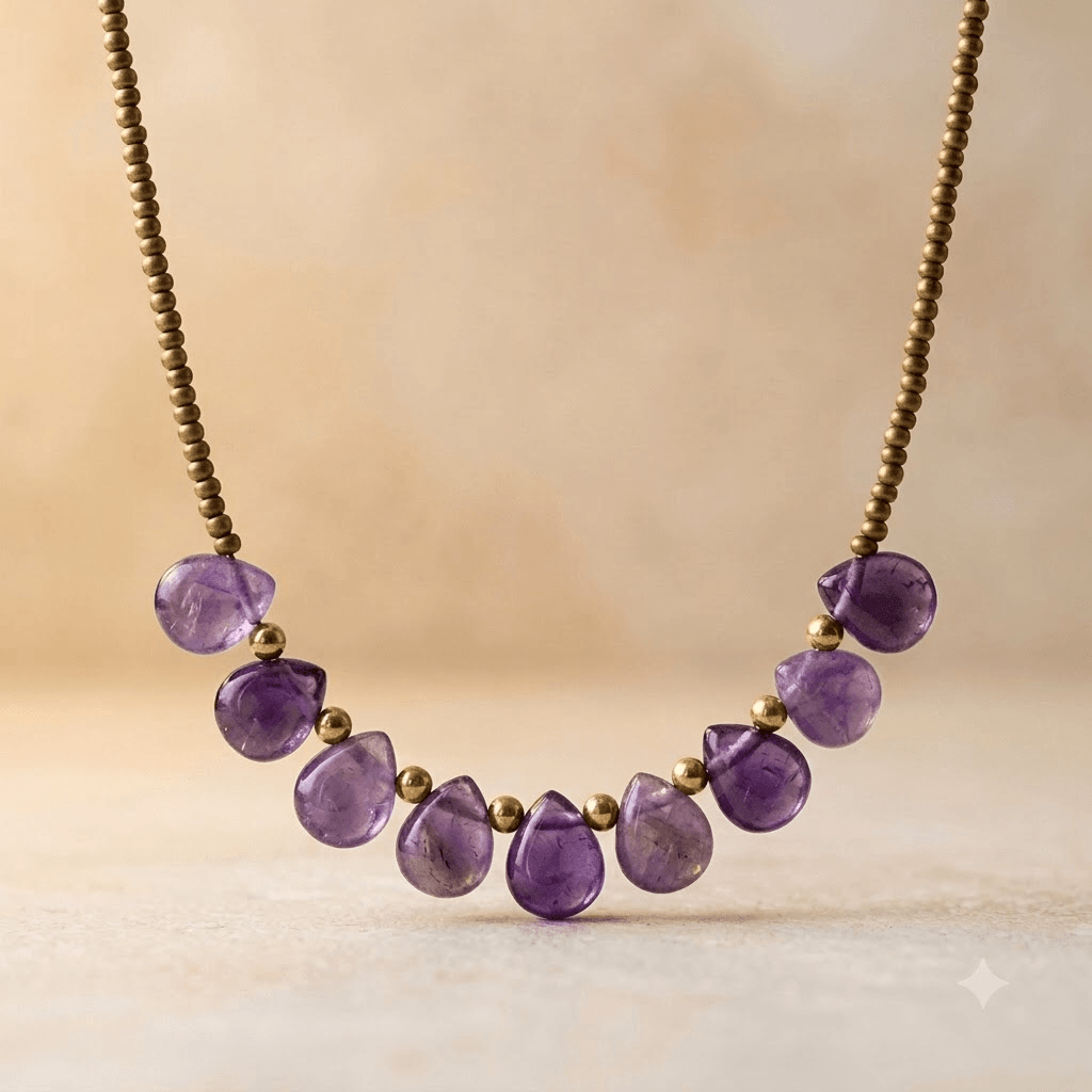 Amethyst Teardrop Brass Bead Necklace