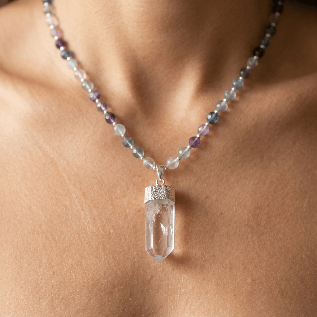 Fluorite Clear Quartz Crystal Point Pendant Necklace