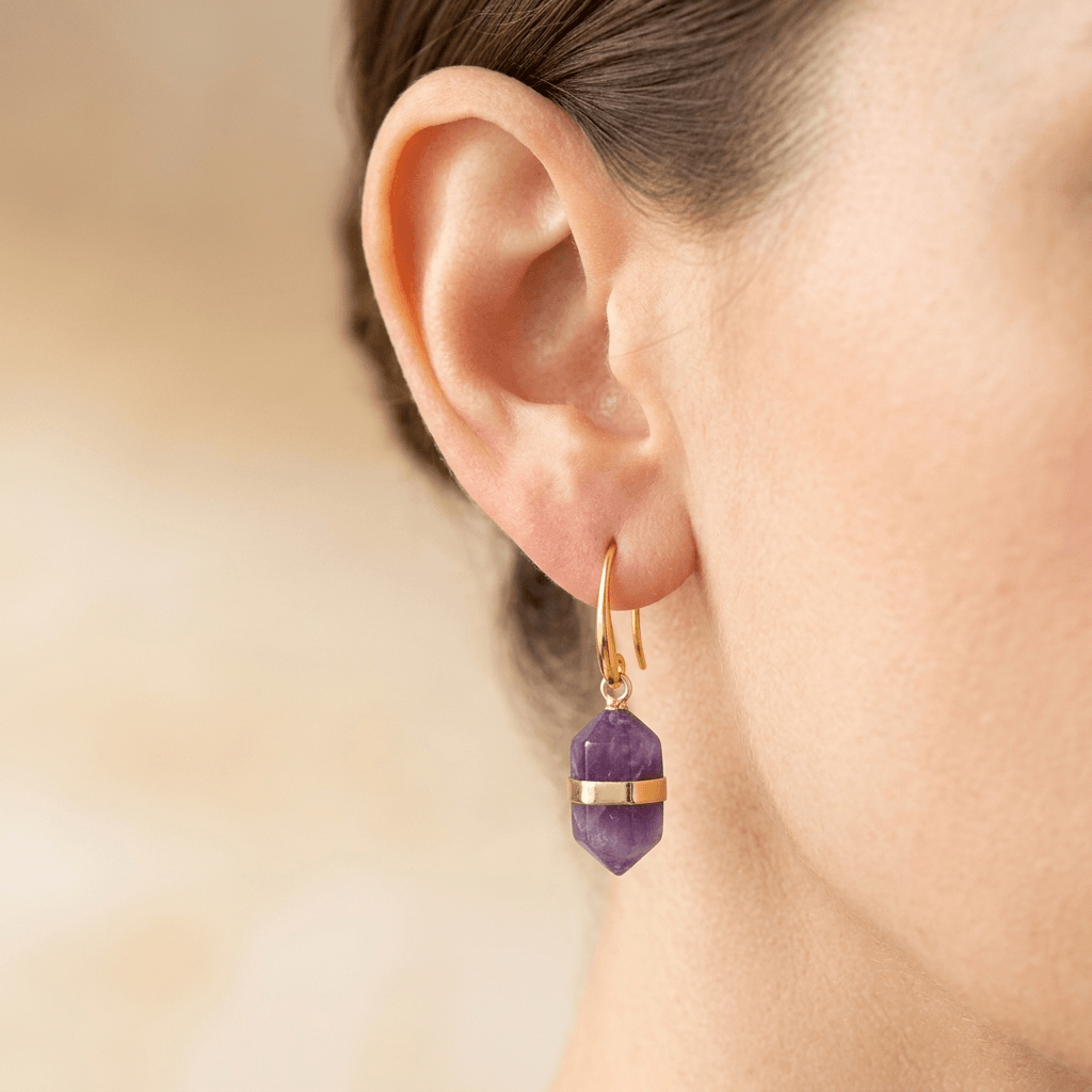 Natural Amethyst Gold Hexagonal Drop Earrings