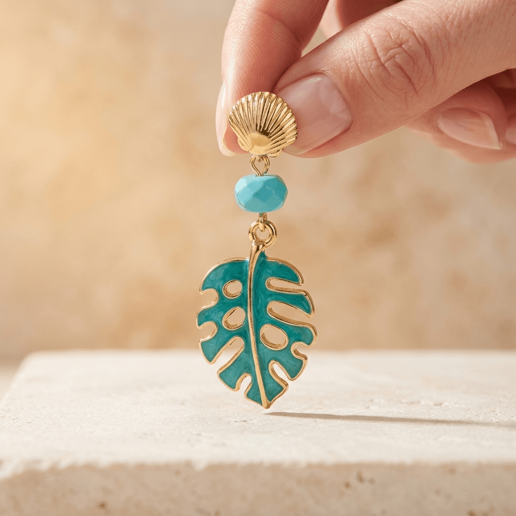 Tropical Gold Turquoise Leaf Drop Earrings