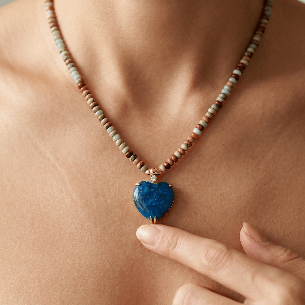 Blue Lapis Heart Gold Beaded Necklace