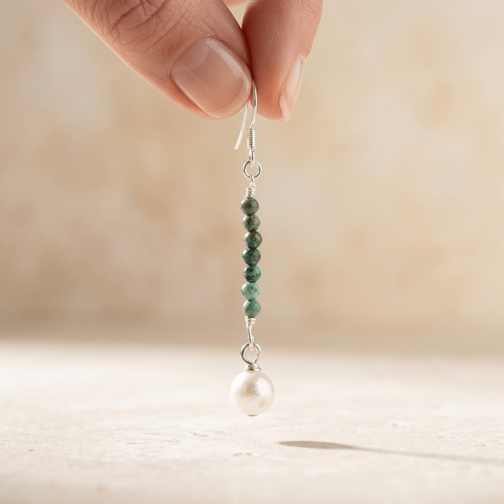 African Turquoise Pearl Silver Drop Earrings