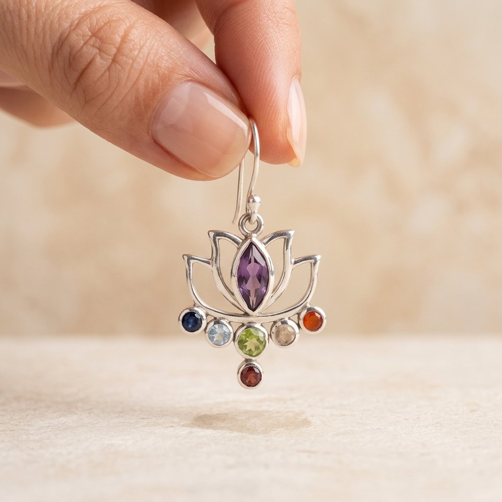 Vintage Silver Lotus Flower Multistone Earrings