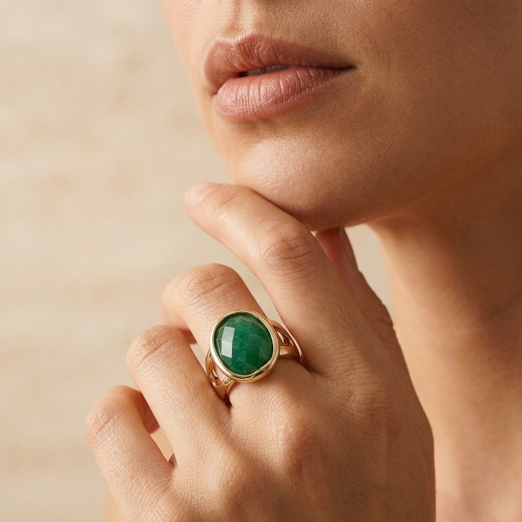 Gold Green Emerald Oval Bezel Ring