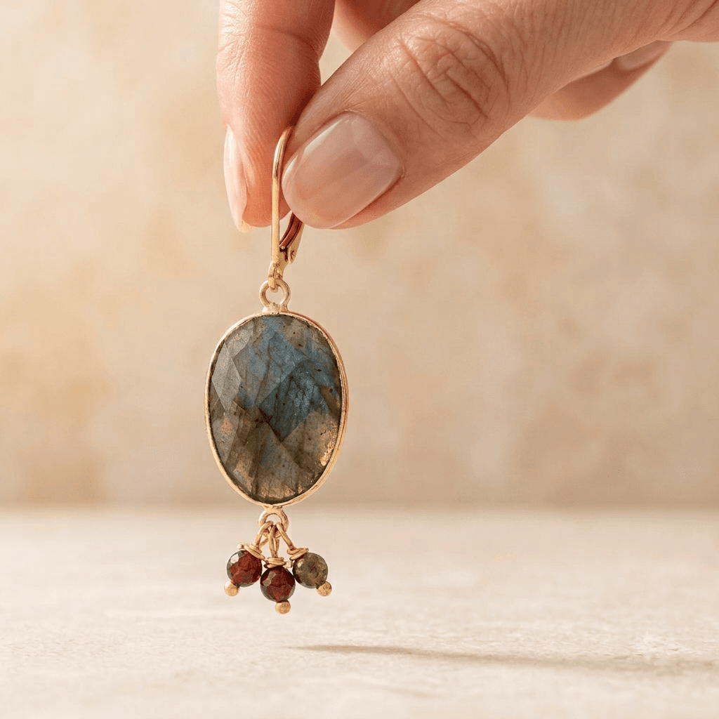 Labradorite Gold Oval Beaded Drop Earrings