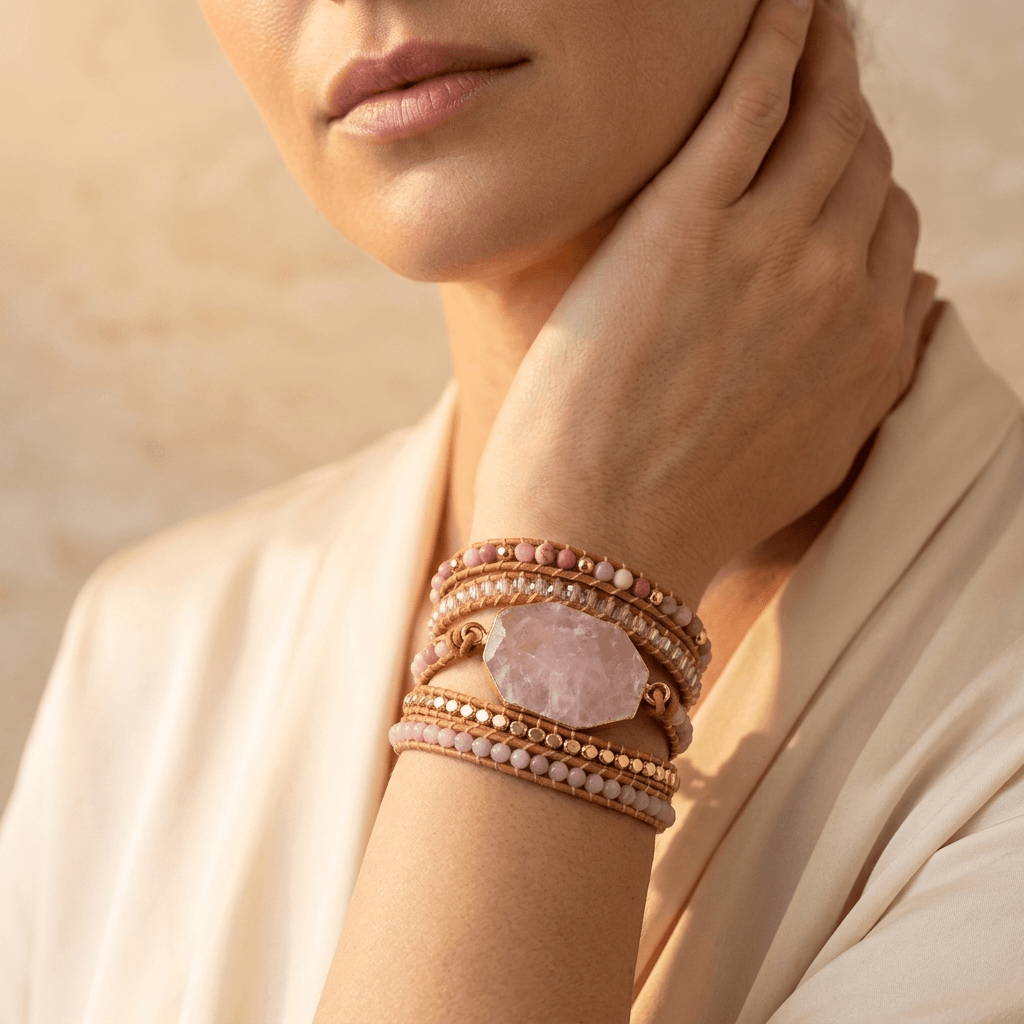 Rose Quartz Copper Beaded Wrap Bracelet