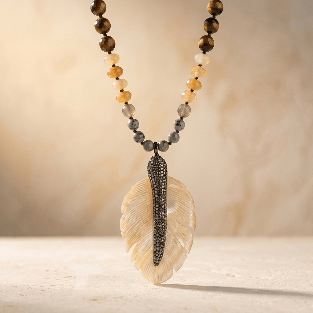 Boho Multistone Seashell Leaf Pendant Necklace