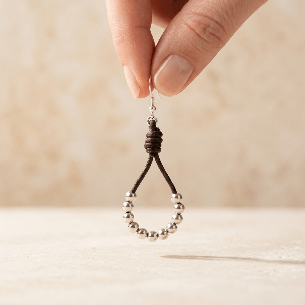 Brown Leather Silver Bead Teardrop Earrings
