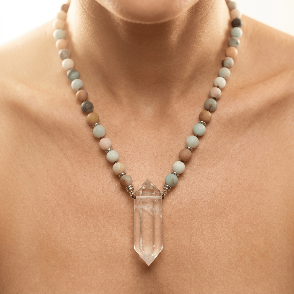 Natural Amazonite Clear Quartz Crystal Pendant Necklace