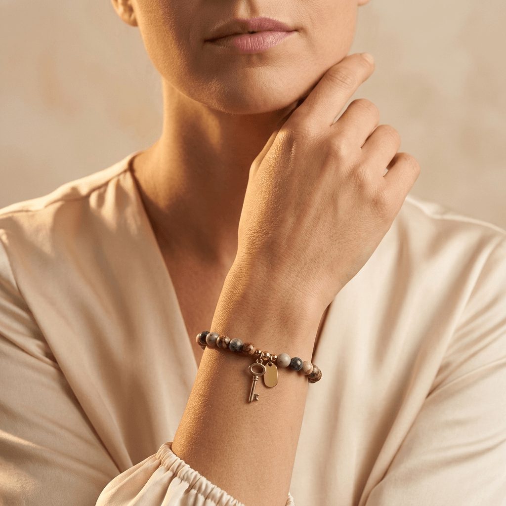 Natural Stone Silver Beaded Stretch Bracelet