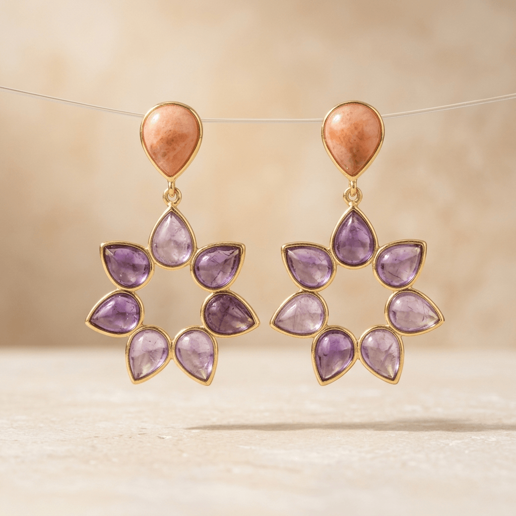 Gold Purple Amethyst Flower Drop Earrings
