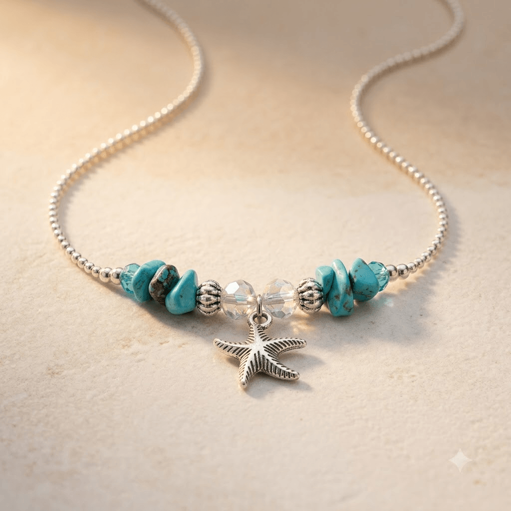 Turquoise Starfish Silver Charm Beaded Necklace